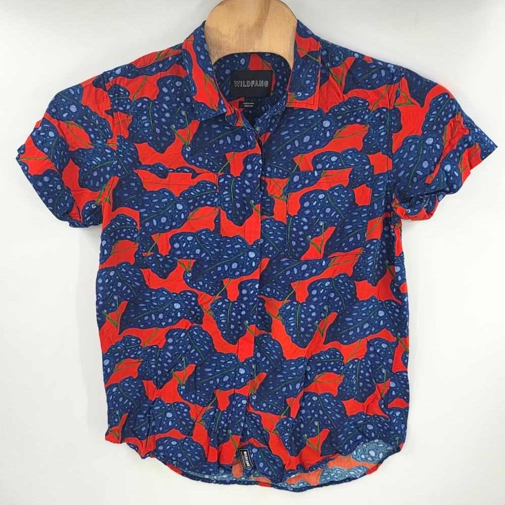 Wildfang The Empower SS Button Up Shirt Medium Red Blue Leaf Print WN8600 Rayon